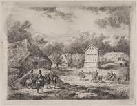 KG 08290
<br/>
Ruiters bij boerderijen en een duiventil
<br/>
<em>Emaus de Micault, Gerhardus (1798-1863)</em>